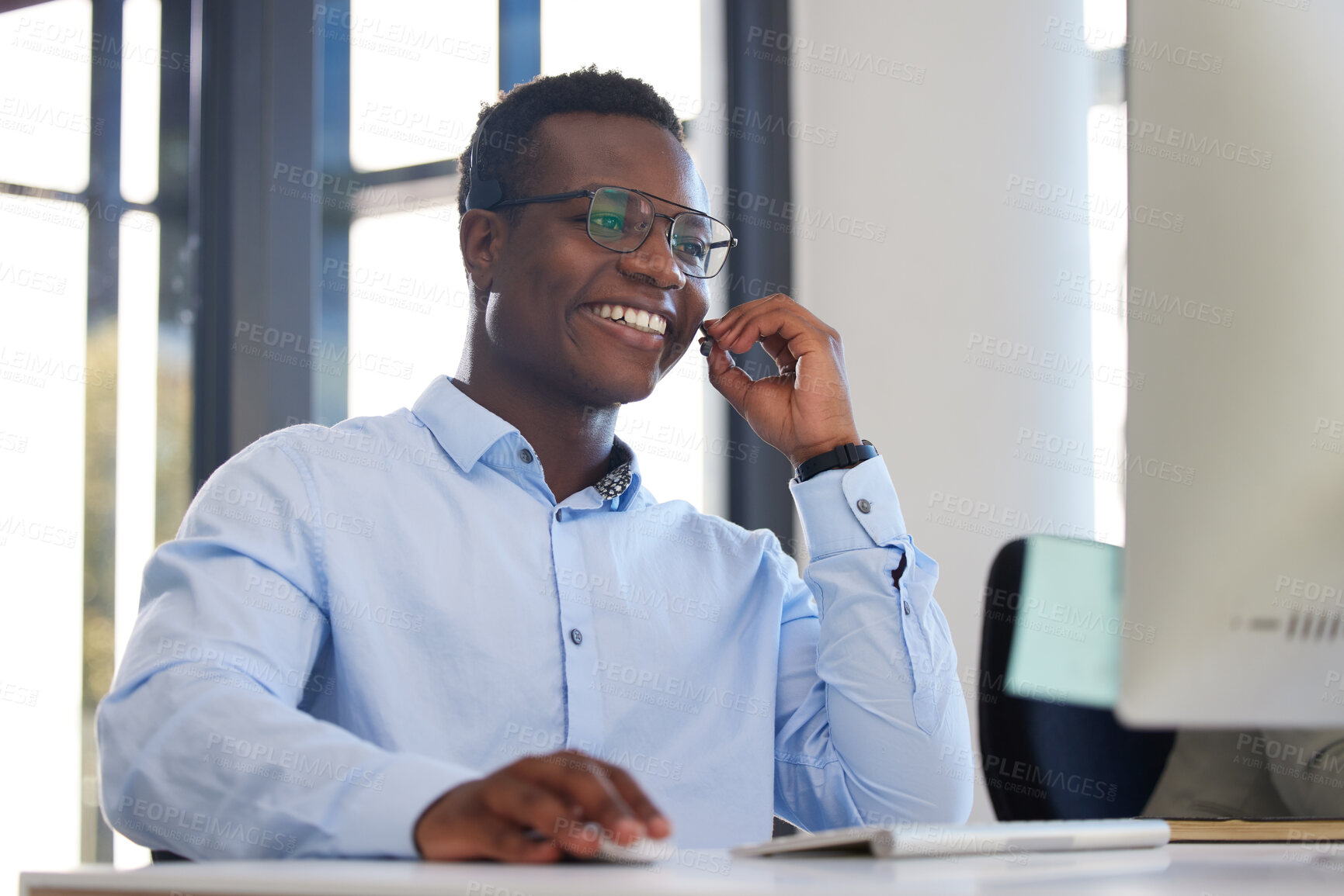 Buy stock photo Business, call center or black man with telemarketing, smile or crm with customer service, help or telecom sale. Agent, male person or consultant with happiness, ecommerce or tech support with advice