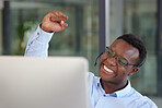 Winner, computer and call center with a black man cheering as a consultant in his customer service office. Success, sale and motivation with a happy young male support agent in a crm workplace