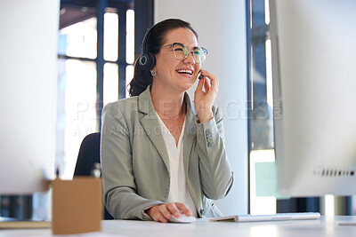 Buy stock photo Call center, consulting and smile with business woman in office for communication, advice and customer service. Help desk, sales and contact us with employee for technical support and telemarketing