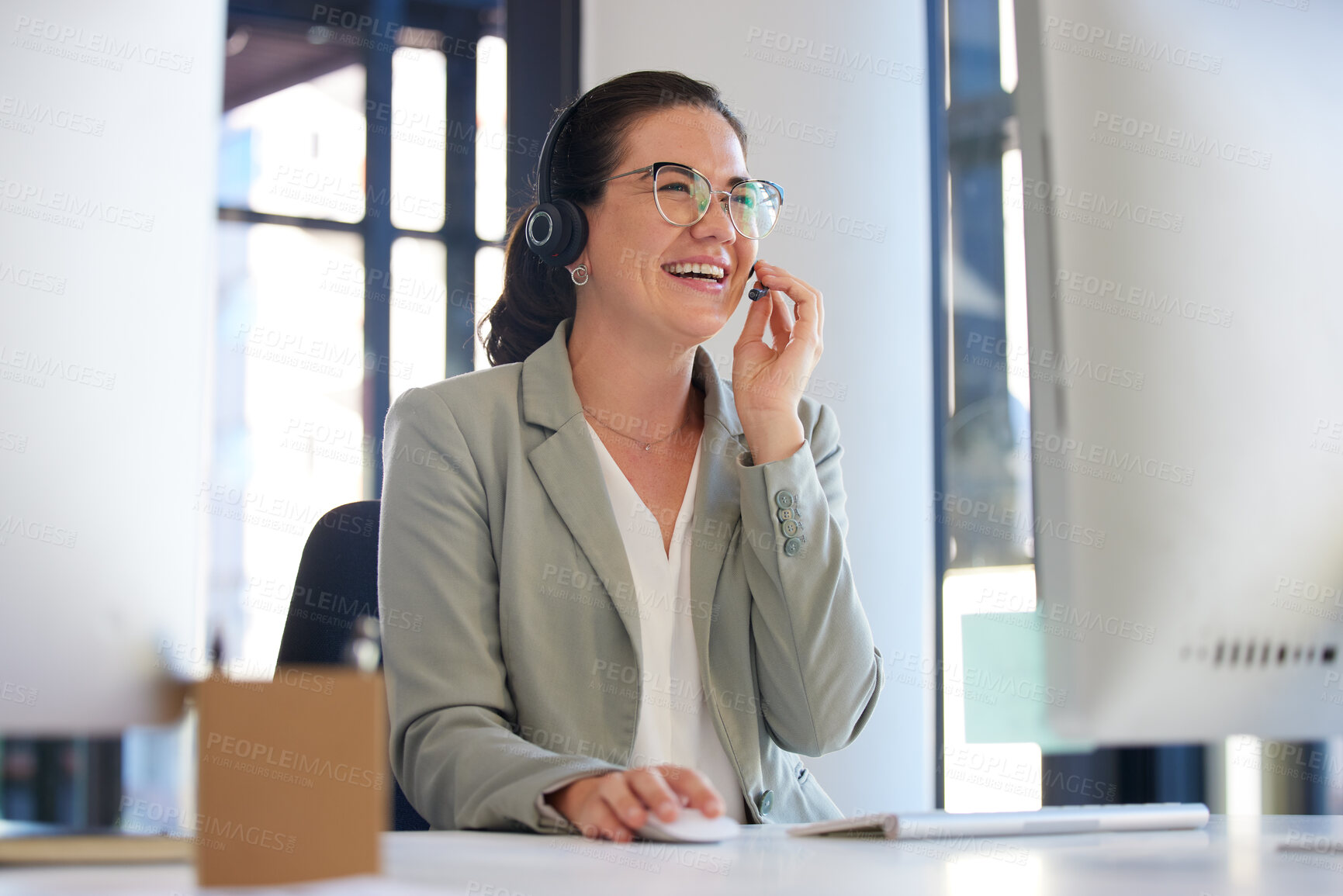 Buy stock photo Call center, consulting and smile with business woman in office for communication, advice and customer service. Help desk, sales and contact us with employee for technical support and telemarketing