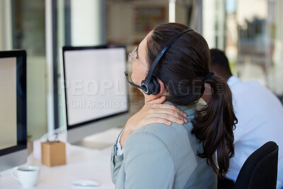 Buy stock photo Stress, woman and telemarketing with neck pain, call center or muscle tension with help. Female person, health issue and agent overworked, burnout or tech support with joint injury or posture problem