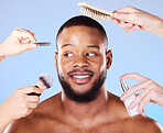 Self care, hands and man with beauty products in a studio for natural, face and grooming routine. Skincare, wellness and young male model with health and hygiene treatment isolated by blue background