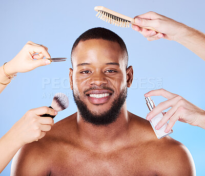 Buy stock photo Self care, beauty and portrait of a man with products in a studio for natural, face and grooming routine. Skincare, wellness and young male model with health and hygiene treatment by blue background.