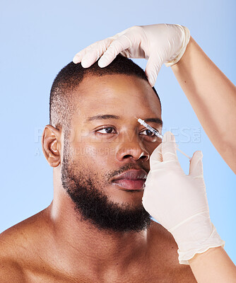 Buy stock photo Black man, plastic surgery and needle in studio for beauty, dermatology or face transformation by background. African patient, model or surgeon hands for skincare, syringe or eye filler for aesthetic