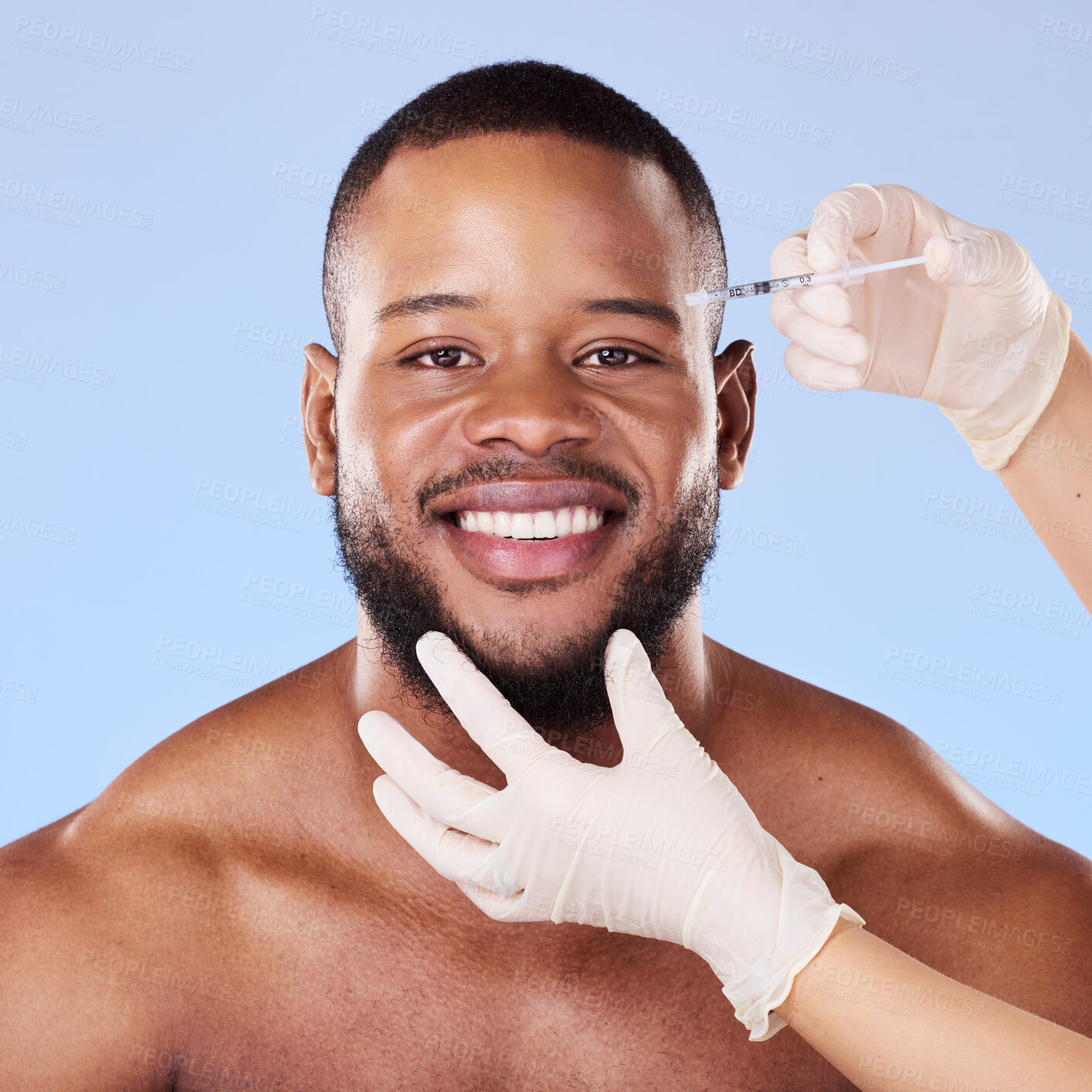 Buy stock photo Needle, man and portrait for skincare, beauty process and filler in studio. Face of black male model, hands of surgeon and injection for plastic surgery, facial change and prp cosmetics on background
