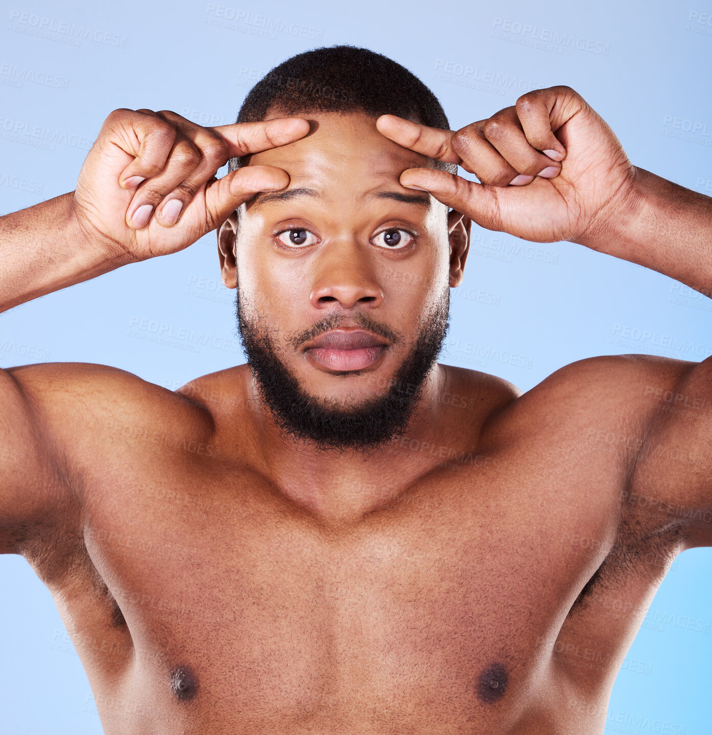 Buy stock photo Skincare, wrinkle and portrait of black man in studio hand on forehead for aging skin check on blue background. Fine lines, anxiety and face of African male model with worry for dermatology problem