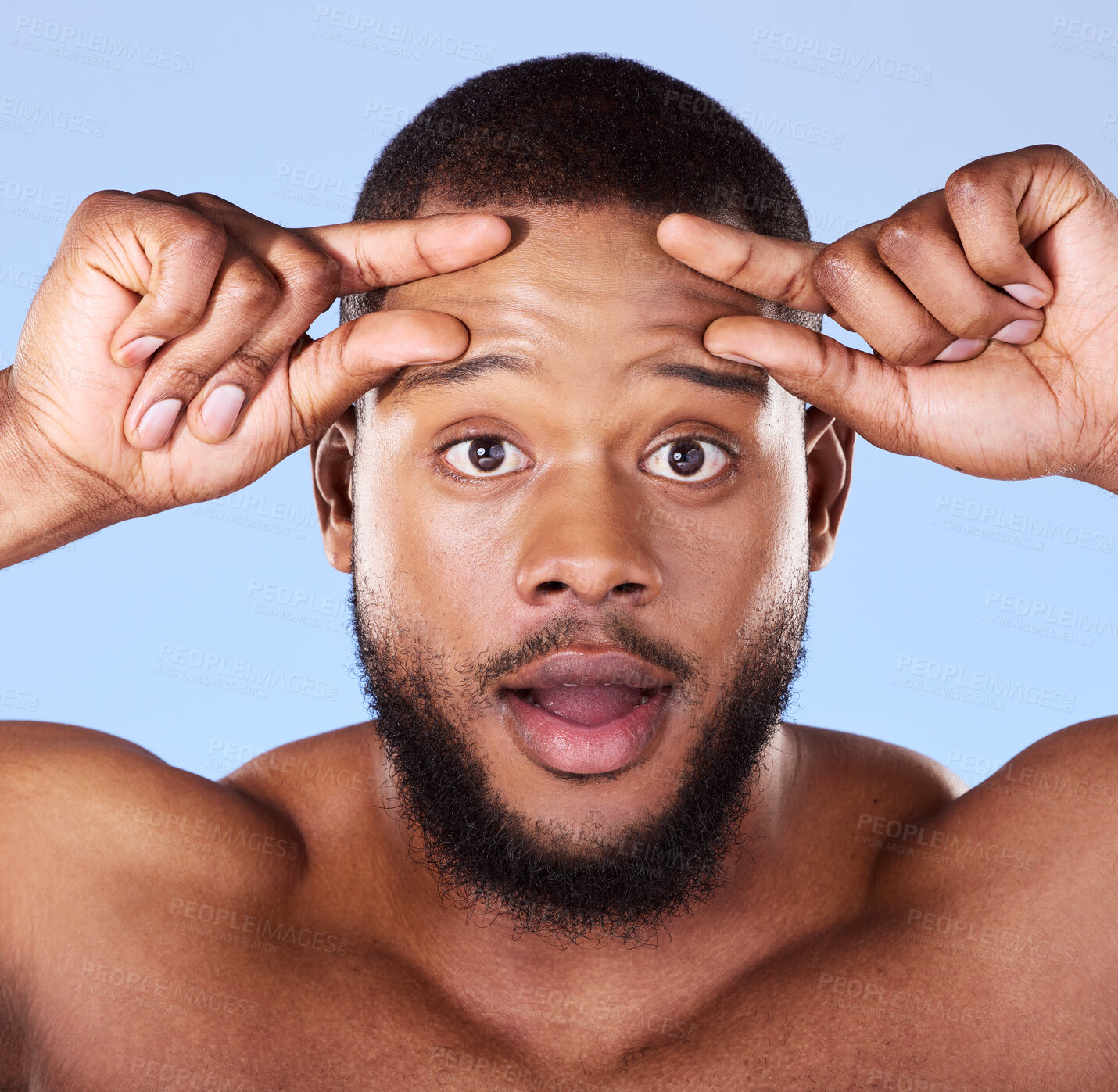 Buy stock photo Aging, anxiety and black man portrait in studio for skin, check and beauty routine on blue background. Skincare face, worry and African male model surprised by fine lines, fail or dermatology problem