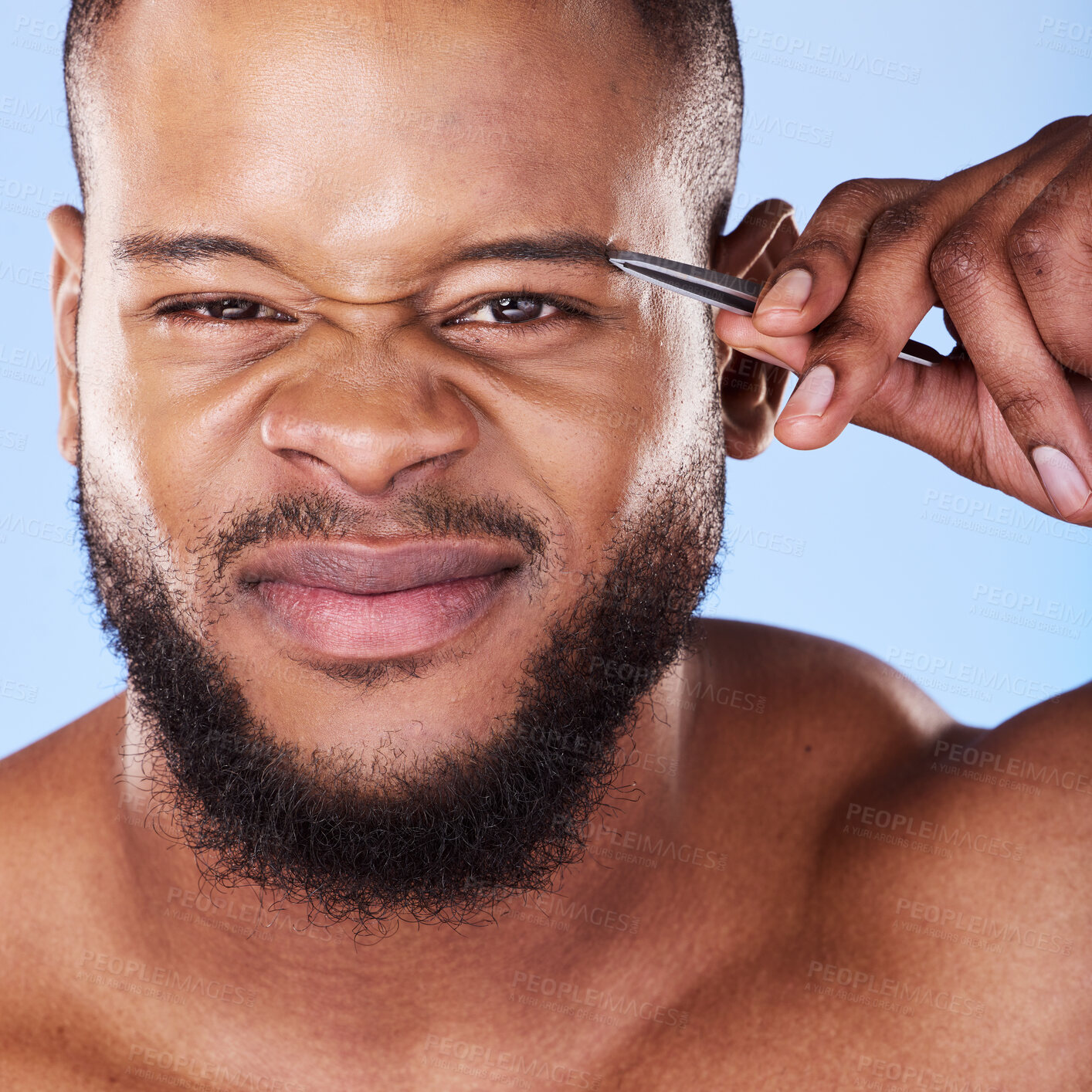 Buy stock photo Wellness, tweezers and portrait of a man in a studio for grooming his eyebrows for facial epilation. Beauty, hygiene and young male model with face hair removal treatment isolated by blue background.