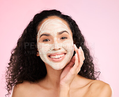 Buy stock photo Skincare, facial and portrait of woman with smile in studio for wellness, spa treatment and detox mask. Dermatology, beauty and happy female person with cosmetics for hygiene, cleaning and face care