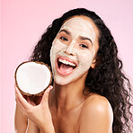 Skincare, facial and portrait of woman with coconut for wellness, beauty treatment and cosmetics in studio. Dermatology, salon and female person with fruit for organic detox, face hygiene or cleaning