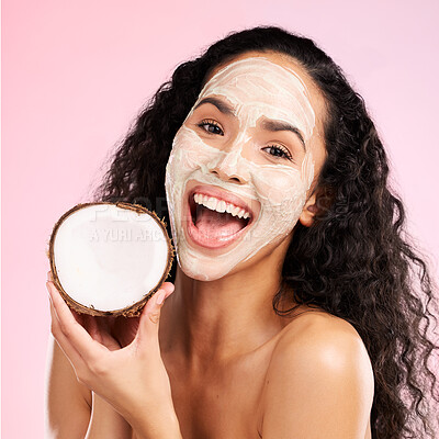 Buy stock photo Mask, facial and portrait of woman with coconut for wellness, beauty and cosmetics on pink background. Dermatology, skincare and female person with fruit for organic detox, natural face and cleaning