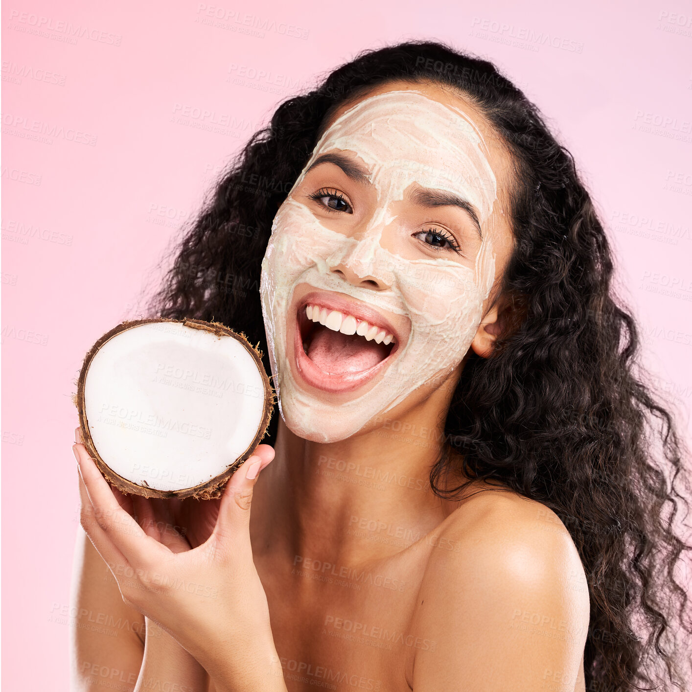 Buy stock photo Mask, facial and portrait of woman with coconut for wellness, beauty and cosmetics on pink background. Dermatology, skincare and female person with fruit for organic detox, natural face and cleaning