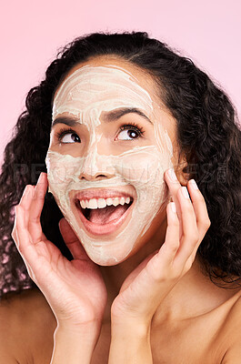 Buy stock photo Skincare, facial and face of woman with mask for wellness, spa treatment and cosmetics in studio. Dermatology, salon aesthetic and female person for detox, hygiene and cleaning on pink background