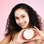 Beauty, facial and portrait of woman with coconut for wellness, skincare treatment and cosmetics in studio. Dermatology, salon and female person with fruit for organic detox, face hygiene or cleaning