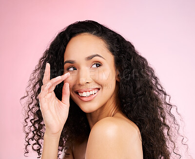 Buy stock photo Skincare, smile  and glow with black girl on body in studio or isolated and pink background for spa treatment. Beauty, natural face and female person with curly haircare for self love with facial.