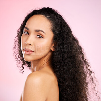 Buy stock photo Beauty, portrait and skincare with african woman for glow with dermatology on body and pink background. Facial treatment, haircare and black girl with a natural face in studio for luxury treatment.