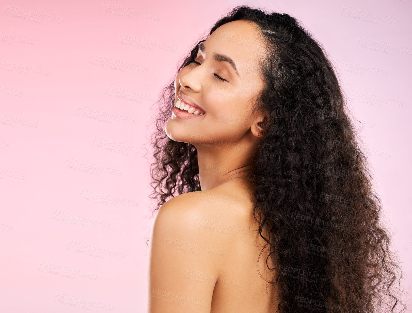 Buy stock photo Glow, skincare and african woman with body in studio or isolated and pink background or luxury spa. Facial, treatment and natural face with girl with haircare for healthy shine with self love.