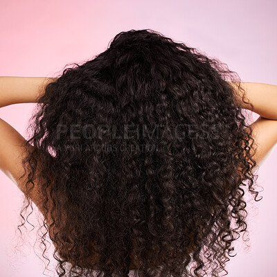 Buy stock photo Hair, beauty and back of person with hairstyle transformation and curly texture. Model, salon treatment and haircut shine in a studio with pink background and cosmetics with keratin and growth care 