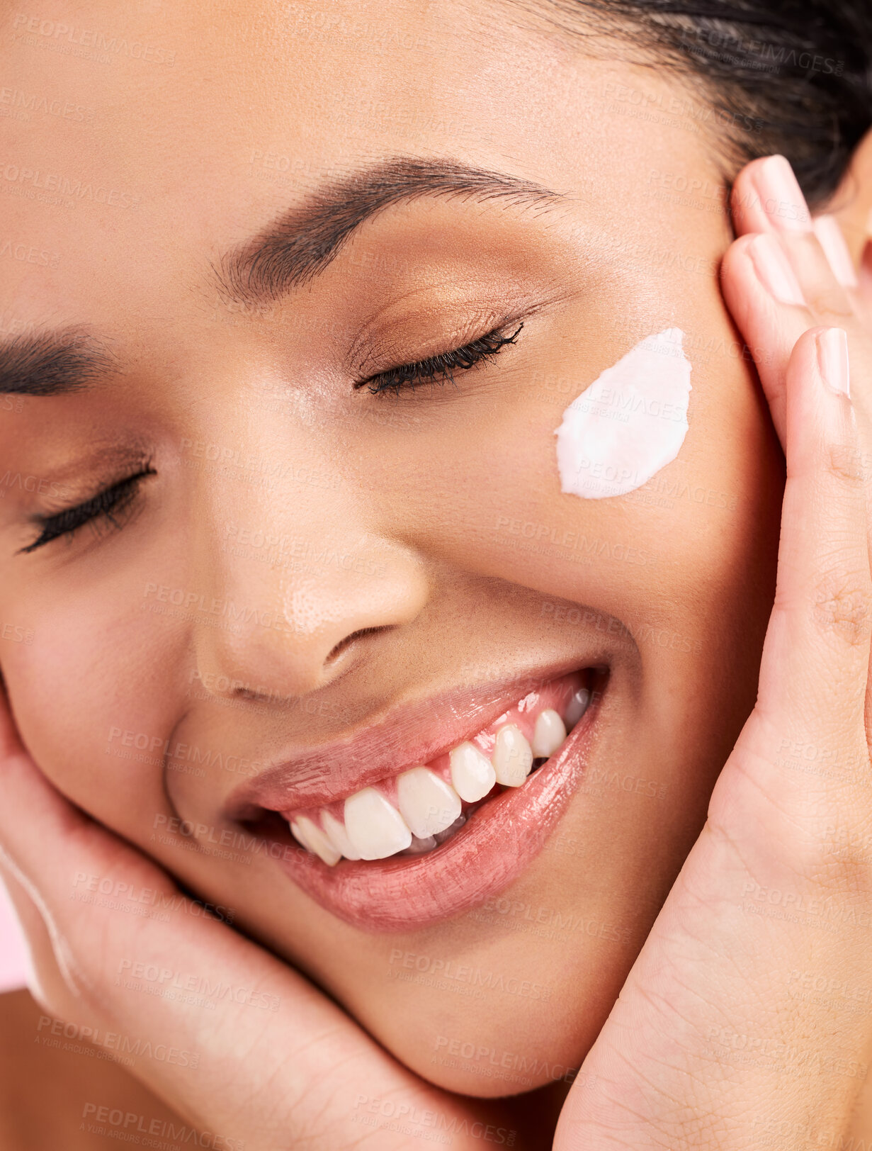 Buy stock photo Beauty, cream and face of a happy woman with skin care, dermatology and natural glow. Closeup of a young female aesthetic model with a smile for moisturizer, cosmetics or sunscreen for wellness