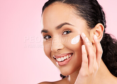 Buy stock photo Skincare, cream and portrait of woman in studio for wellness, spa treatment and cleaning. Dermatology, beauty and face of happy female person with cosmetics product, moisturizer and anti aging lotion