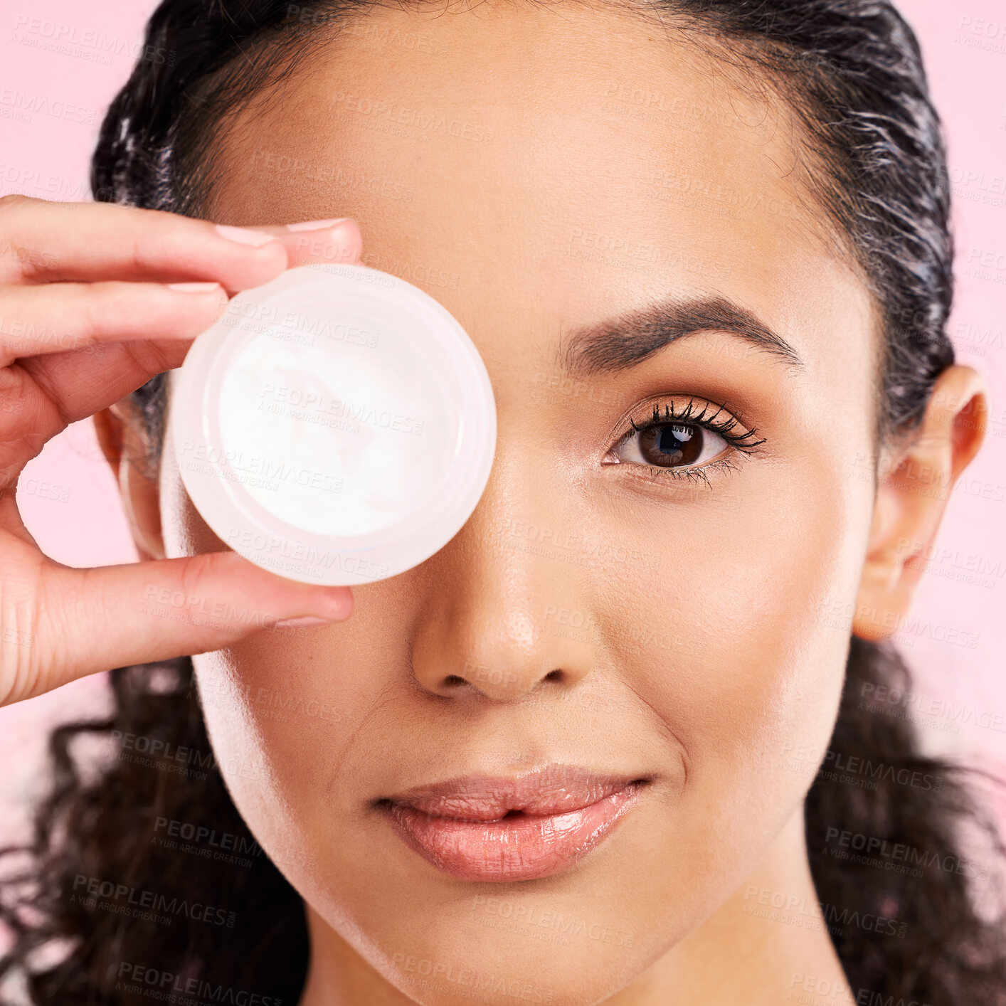 Buy stock photo Face, skincare and woman with cream jar in studio isolated on a pink background. Portrait, beauty and natural model with moisturizer container, sunscreen cosmetic and dermatology product for wellness