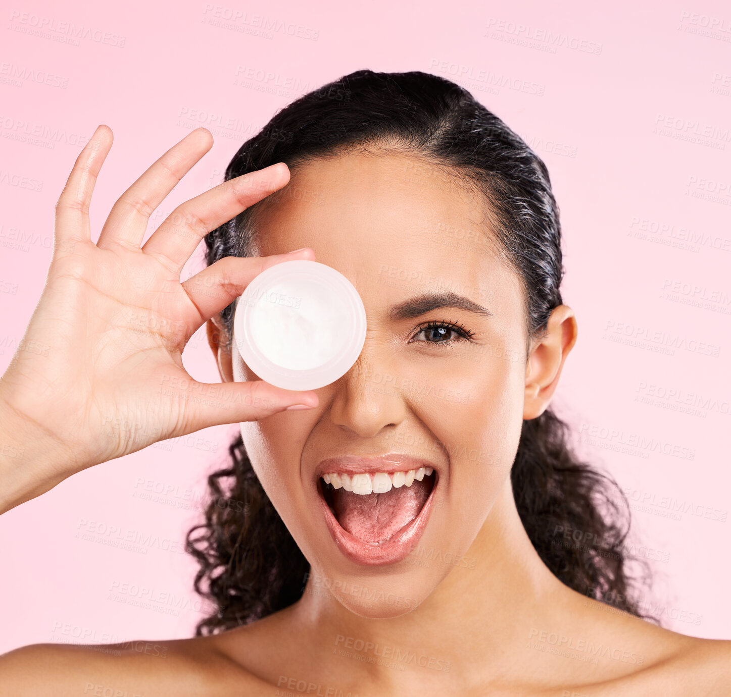 Buy stock photo Skincare, face and excited woman with cream container in studio isolated on pink background. Portrait, natural and happy model with moisturizer, sunscreen cosmetic or dermatology product for wellness