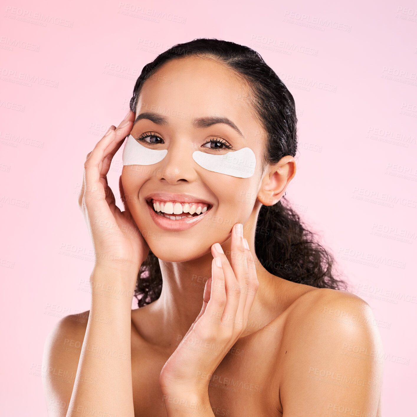 Buy stock photo Face mask, eye patch and beauty of a woman with natural skin glow on a pink background. Dermatology, collagen and cosmetics portrait of female model for facial shine, wellness or self care in studio
