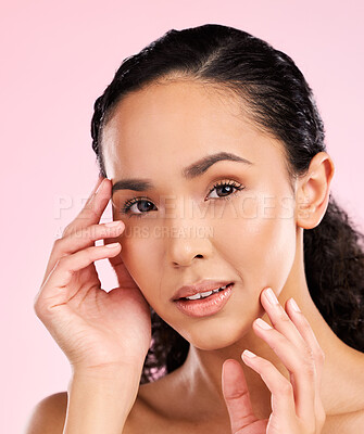 Buy stock photo Beauty, cosmetics and portrait of woman in studio for wellness, facial treatment and skincare. Dermatology, spa aesthetic and female person with healthy skin, glow and natural face on pink background