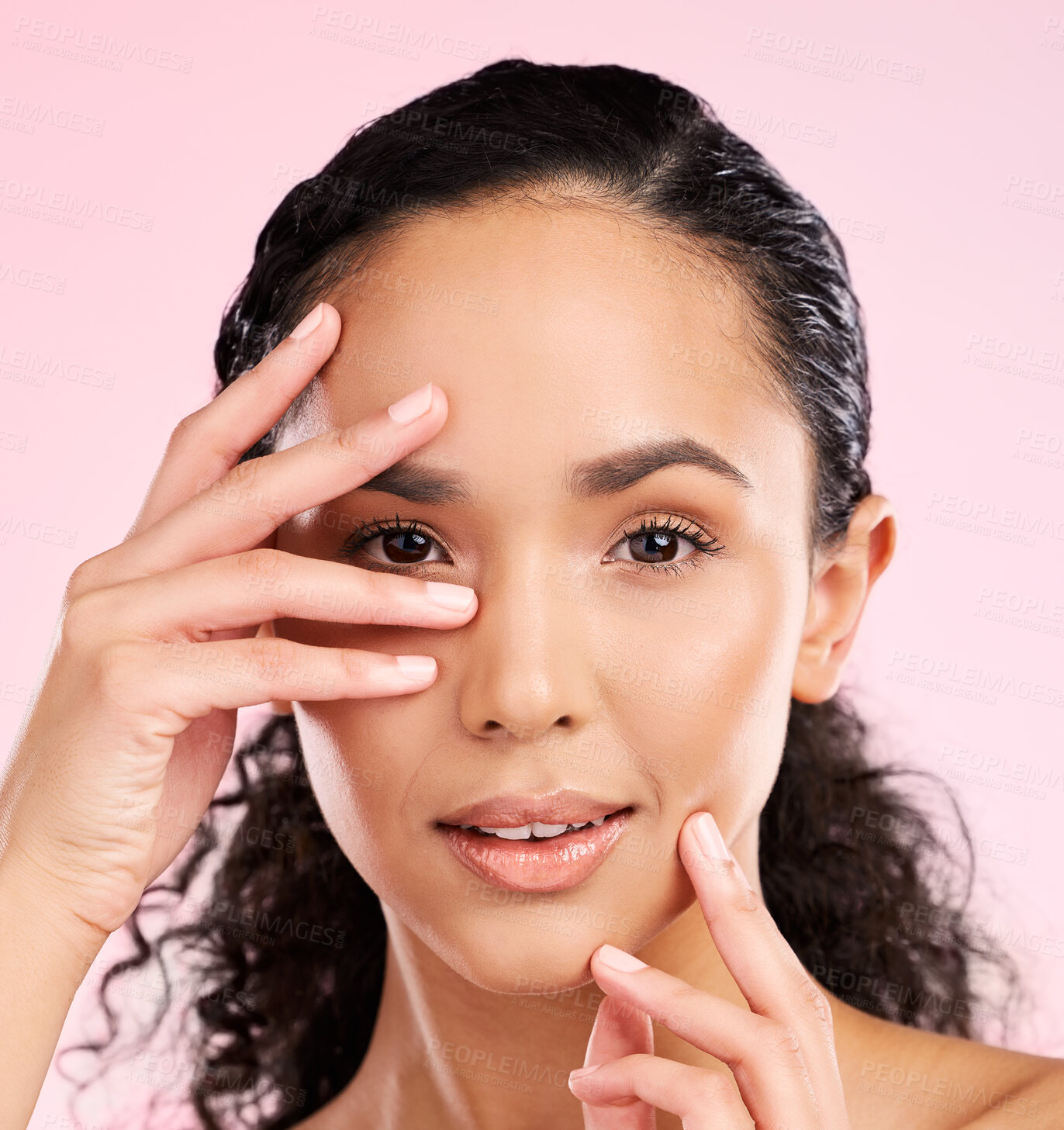 Buy stock photo Skincare, beauty and portrait of woman with hands in studio for wellness, facial treatment and cosmetics. Dermatology, spa and female person with luxury, glow and natural face on pink background