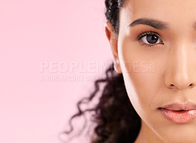 Buy stock photo Skincare, beauty and half portrait of woman in studio for wellness, facial treatment and cosmetics. Dermatology, salon and female person with healthy skin, glow and natural face with mockup space