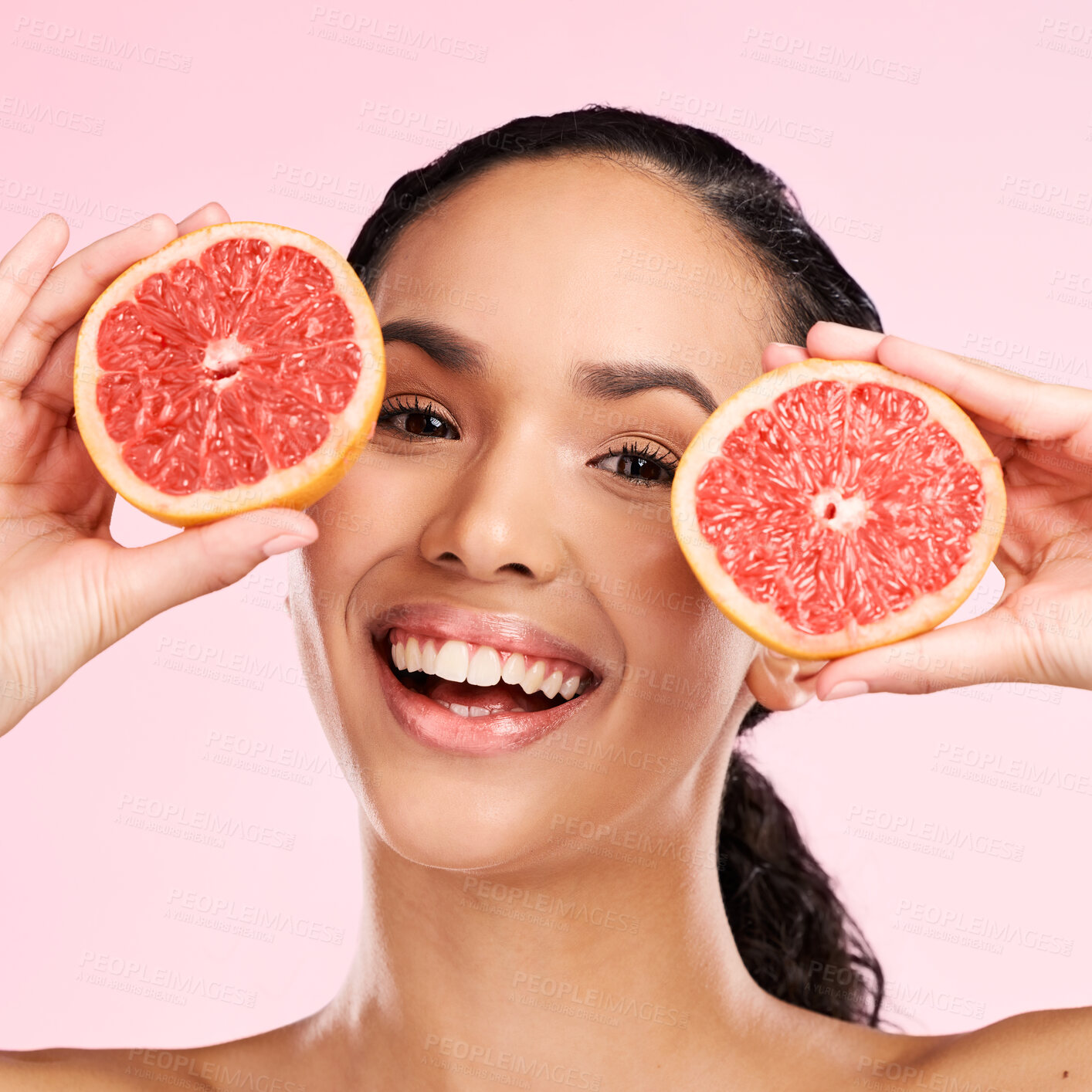 Buy stock photo Face, grapefruit and beauty portrait of a woman with skin care, dermatology and natural glow. Happy young female aesthetic model with fruit for vitamin c, cosmetics or diet nutrition for detox