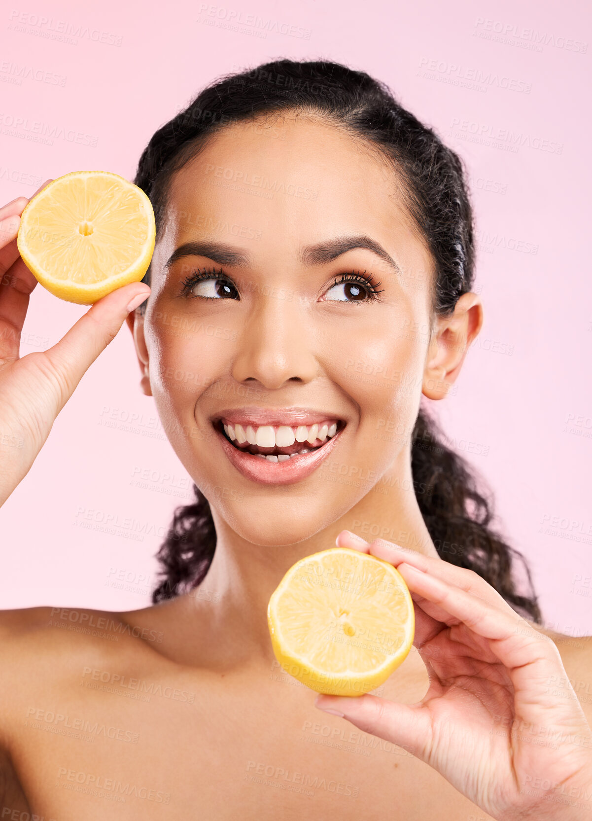 Buy stock photo Skincare, lemon and woman thinking of beauty, cosmetics and natural product or vitamin c benefits. Happy african person or model with fruits ideas for skin care dermatology on pink, studio background