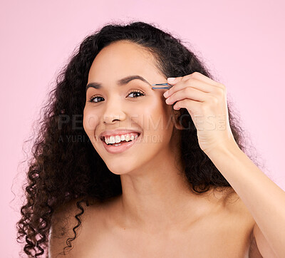 Buy stock photo Face, smile and woman with tweezer for eyebrow beauty in studio isolated on a pink background. Natural portrait, facial plucking or hair removal of model for self care, cosmetic wellness or aesthetic