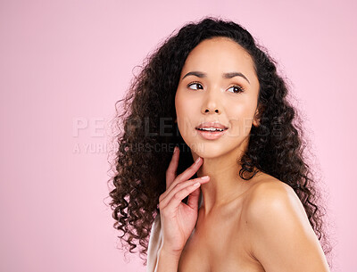 Buy stock photo Skincare, beauty and glow on african girl with body in studio or pink background for spa treatment. Haircare, natural curly and face with female person for healthy shine for dermatology or cosmetics.