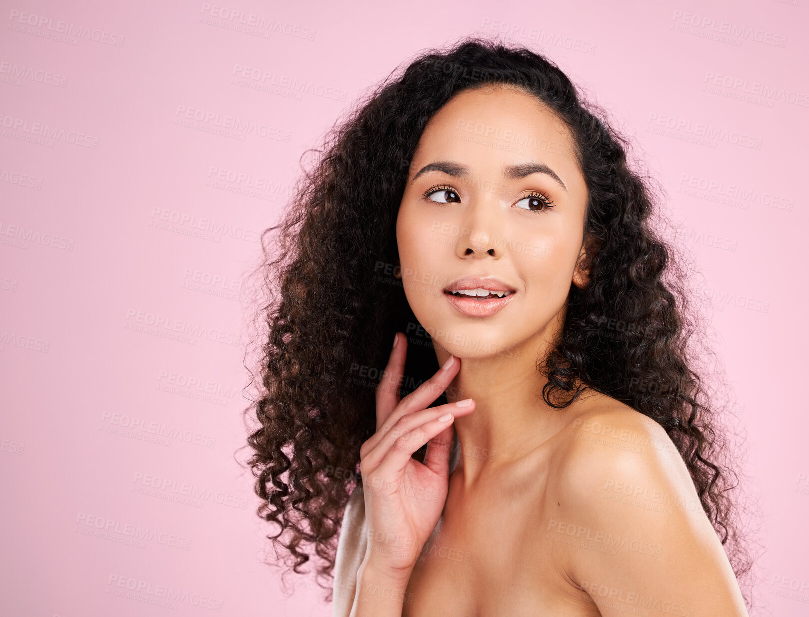 Buy stock photo Skincare, beauty and glow on african girl with body in studio or pink background for spa treatment. Haircare, natural curly and face with female person for healthy shine for dermatology or cosmetics.