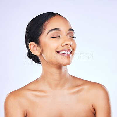 Buy stock photo Thinking, smile and woman with skincare, beauty and dermatology against a white studio background. Female person, happiness and model with cosmetics, bare and ideas with aesthetic, health or wellness