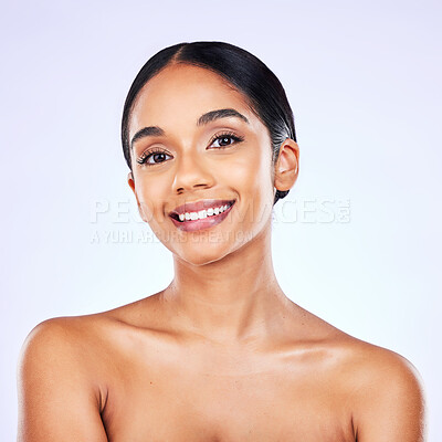 Buy stock photo Portrait, beauty and skincare with a model woman in studio on a gray background for natural wellness. Face, smile and aesthetic with a happy young person posing for luxury cosmetics or dermatology