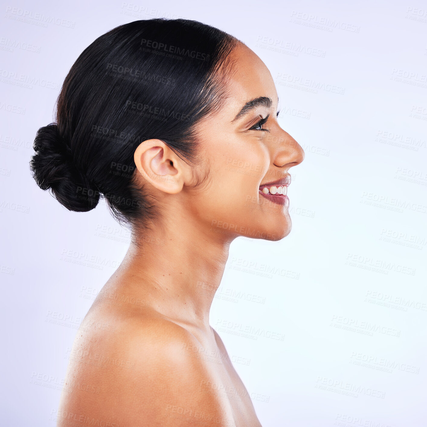 Buy stock photo Skincare, profile and happy Indian woman in studio for body care, cosmetics and results on white background. Side, beauty and female wellness model smile for luxury dermatology, treatment or routine