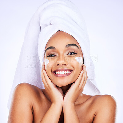 Buy stock photo Skincare, face cream and happy woman in studio with cosmetic, wellness and application on grey background. Facial, portrait and female model with sunscreen, lotion or mask, spf or glowing skin