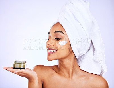 Buy stock photo Skincare, studio face and happy woman with cream container for facial hydration, beauty care or collagen skin glow. Cosmetics lotion product, bathroom or morning treatment person on purple background