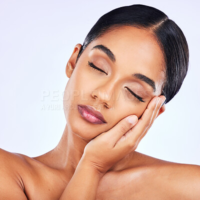 Buy stock photo Beauty, skincare and cosmetics with face of woman in studio for makeup, glow and self care. Spa treatment, natural and dermatology with female model on white background for wellness and facial