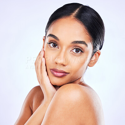 Buy stock photo Beauty, makeup and cosmetics with portrait of woman in studio for skincare, glow and self care. Spa treatment, natural and dermatology with face of female model on white background for wellness