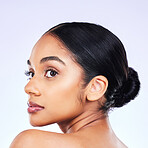 Thinking, hair care and woman with cosmetics, beauty and dermatology on a white studio background. Female person, texture or model with wellness, bare and decision with aesthetic or natural treatment