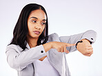 Time, rush and business woman with watch annoyed at late person isolated in a white studio background and angry. Planner, appointment and frustrated employee checking schedule for a problem planning