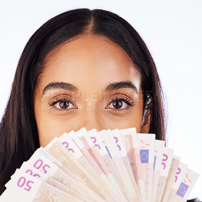 Buy stock photo Portrait, cash and a woman lottery winner in studio on a white background in celebration of a bonus or promotion. Eyes, money and finance payment with the face of a young person holding euro notes