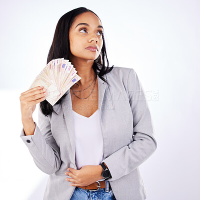 Buy stock photo Woman, winner and money in studio from casino, award or cashback payment on white background. Poker, gambling and lady with cash prize from investment, bingo or savings success or financial freedom