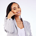 Phone call gesture, business portrait or happy woman, studio consultant or agent for networking communication. Cellphone emoji icon, conversation or professional consulting person on white background