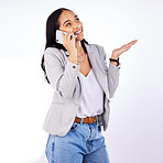 Cellphone call, studio and happy business woman, designer or person talking, speaking and listen to mobile contact. Smartphone user, conversation smile and female model discussion on white background