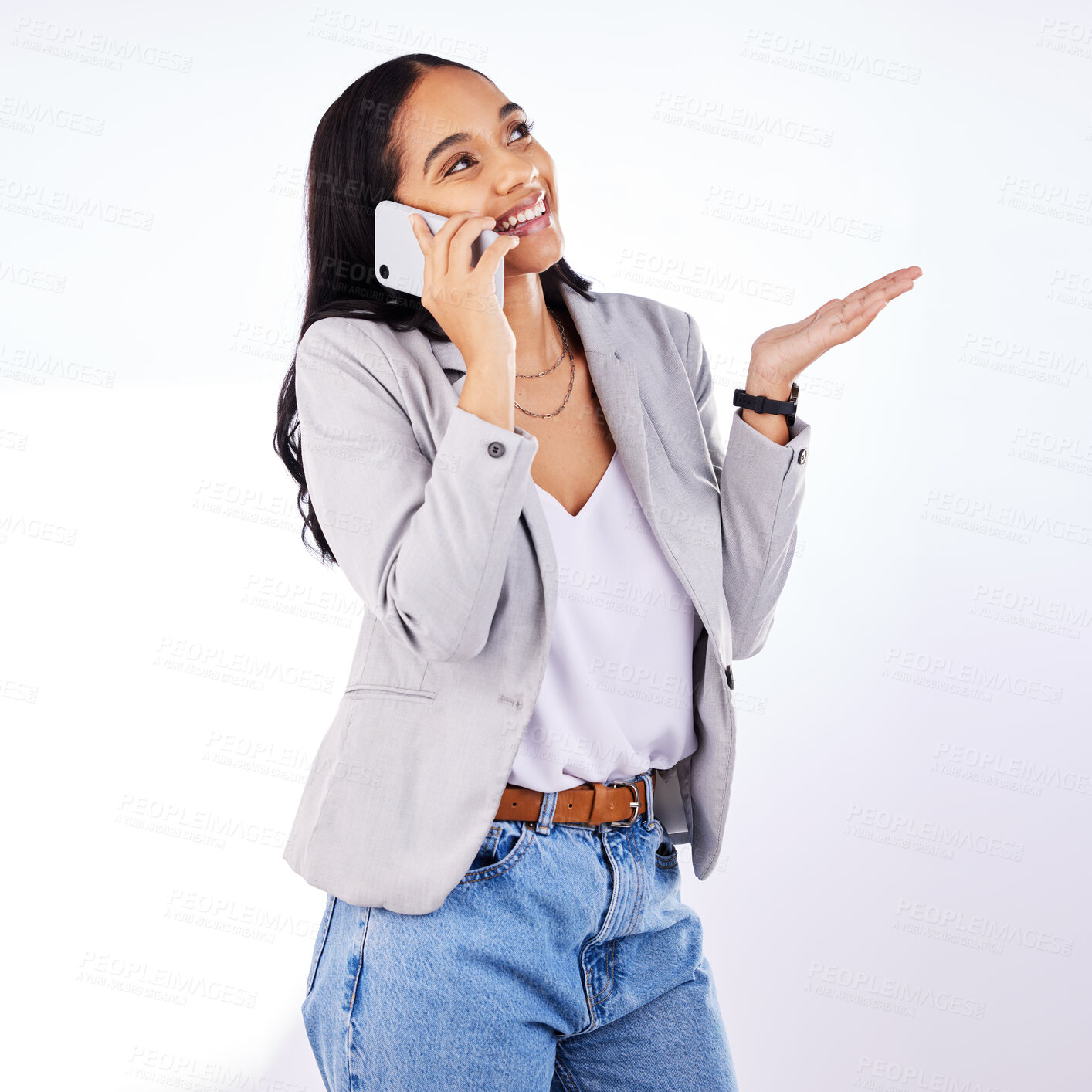 Buy stock photo Cellphone call, studio and happy business woman, designer or person talking, speaking and listen to mobile contact. Smartphone user, conversation smile and female model discussion on white background