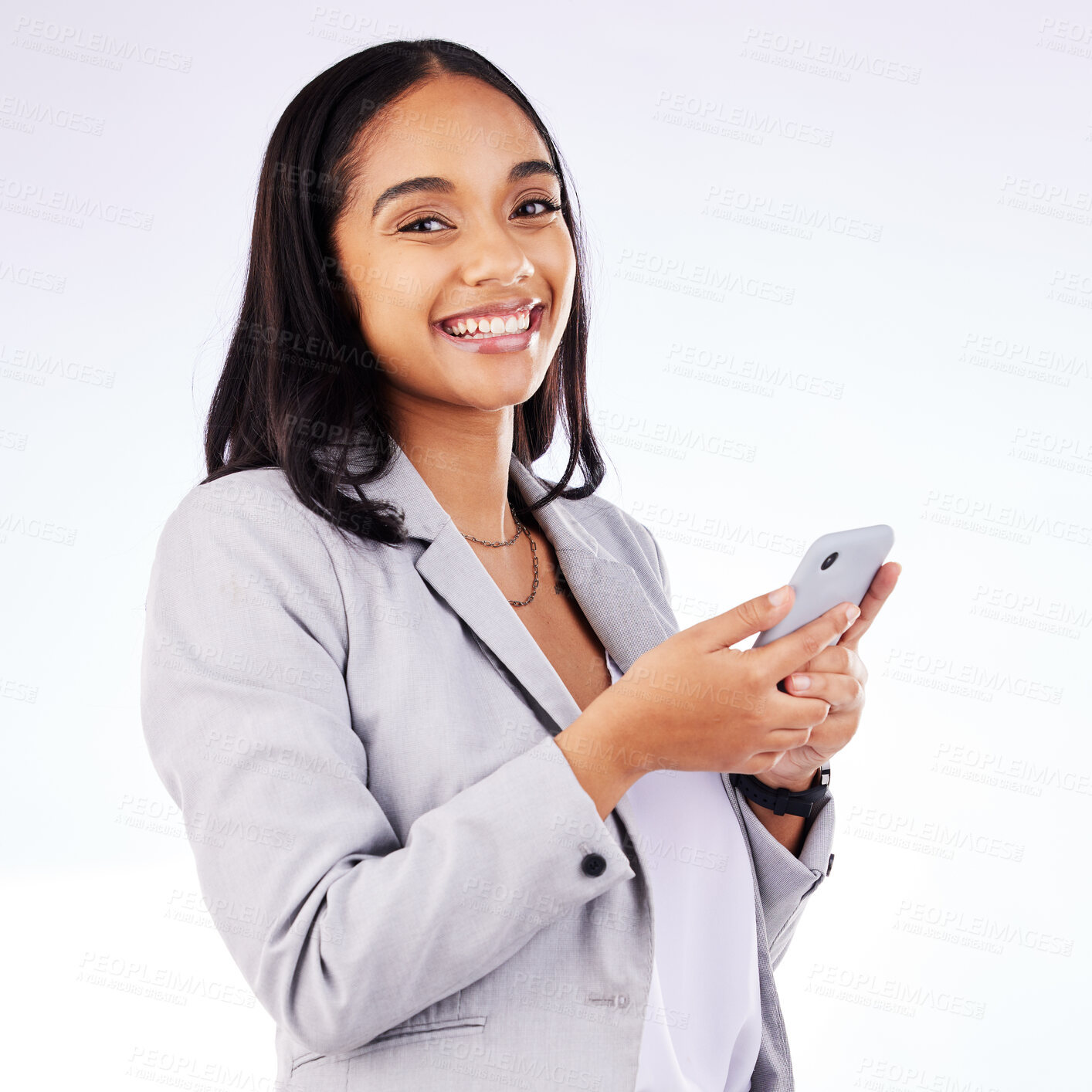 Buy stock photo Business woman, portrait and smartphone typing in studio for social network, mobile website and internet contact. Happy female worker, cellphone and app user download online media on white background